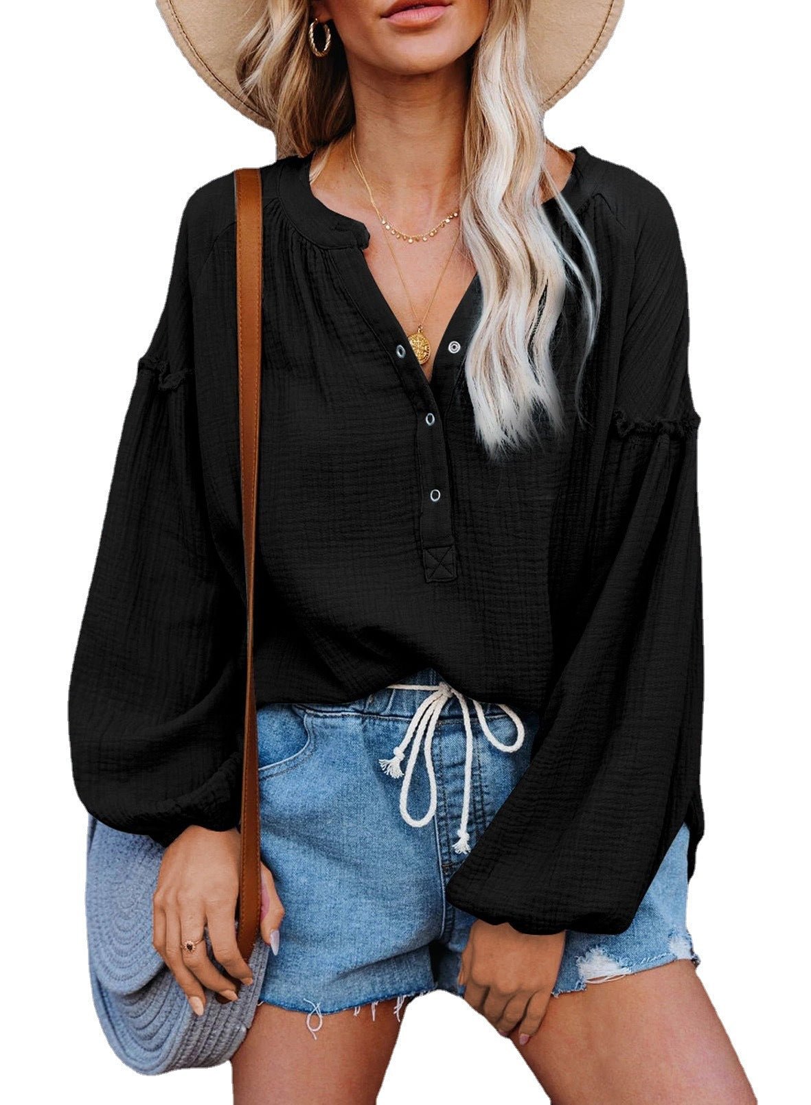 Button Up V-Neck Long Loose Sleeved Top - THEONE APPAREL