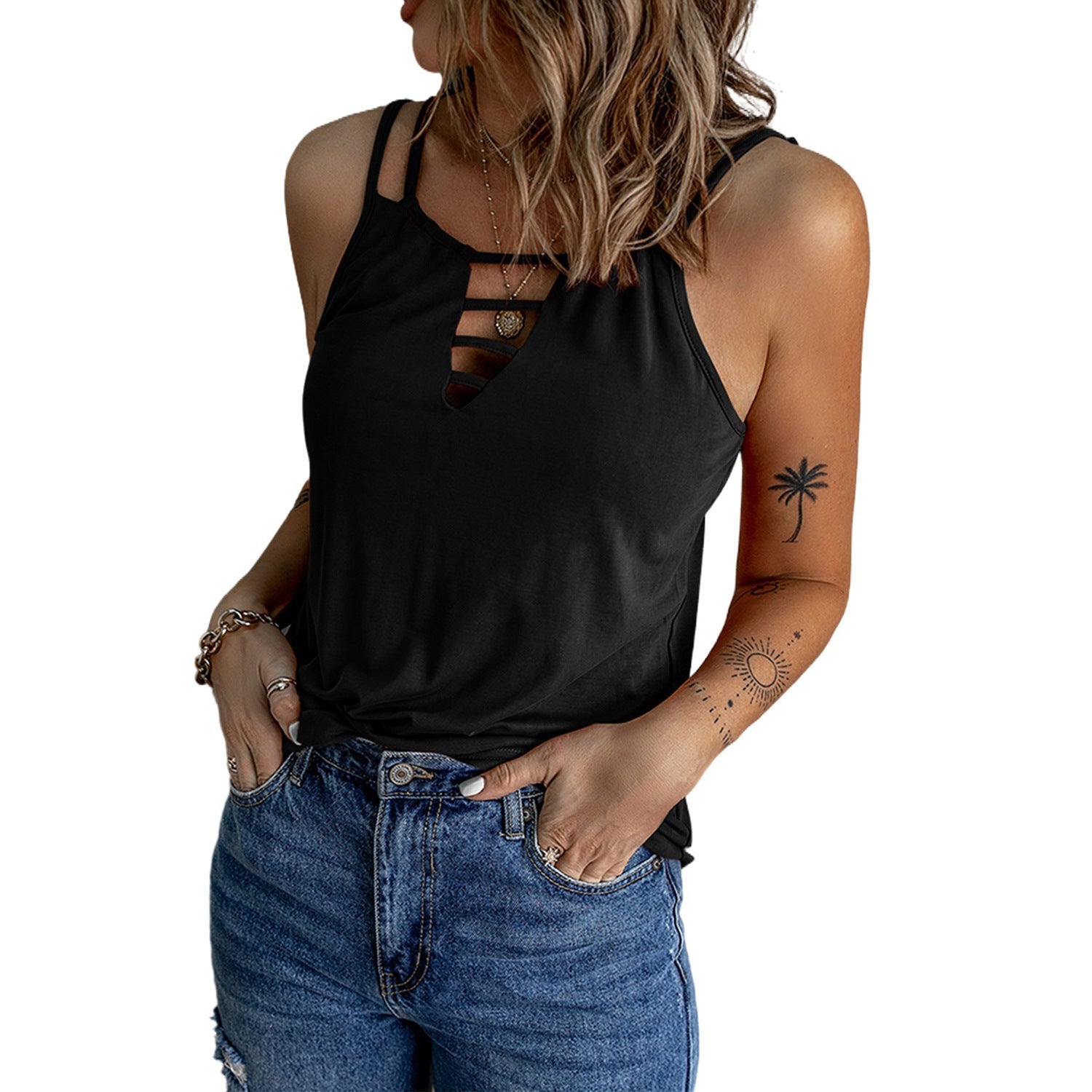 Casual V-neck Strappy Tank Top - THEONE APPAREL