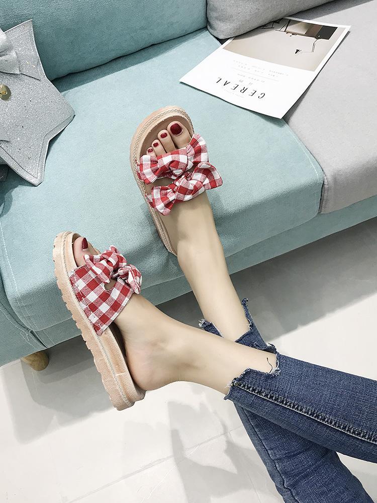 Checkered Bow Contoured Slide Slipper - THEONE APPAREL